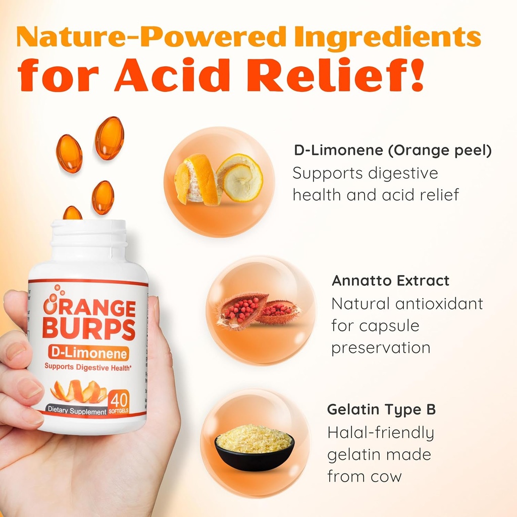 Orange Burps | D-Limonene Supplement - Acid Reducer (Antacid for Acid Reflux), Heartburn Relief, GERD Relief, and Indigestion Relief | Orange Peel Extract for Health and Wellness (1,000 mg, Pack of 2) 3