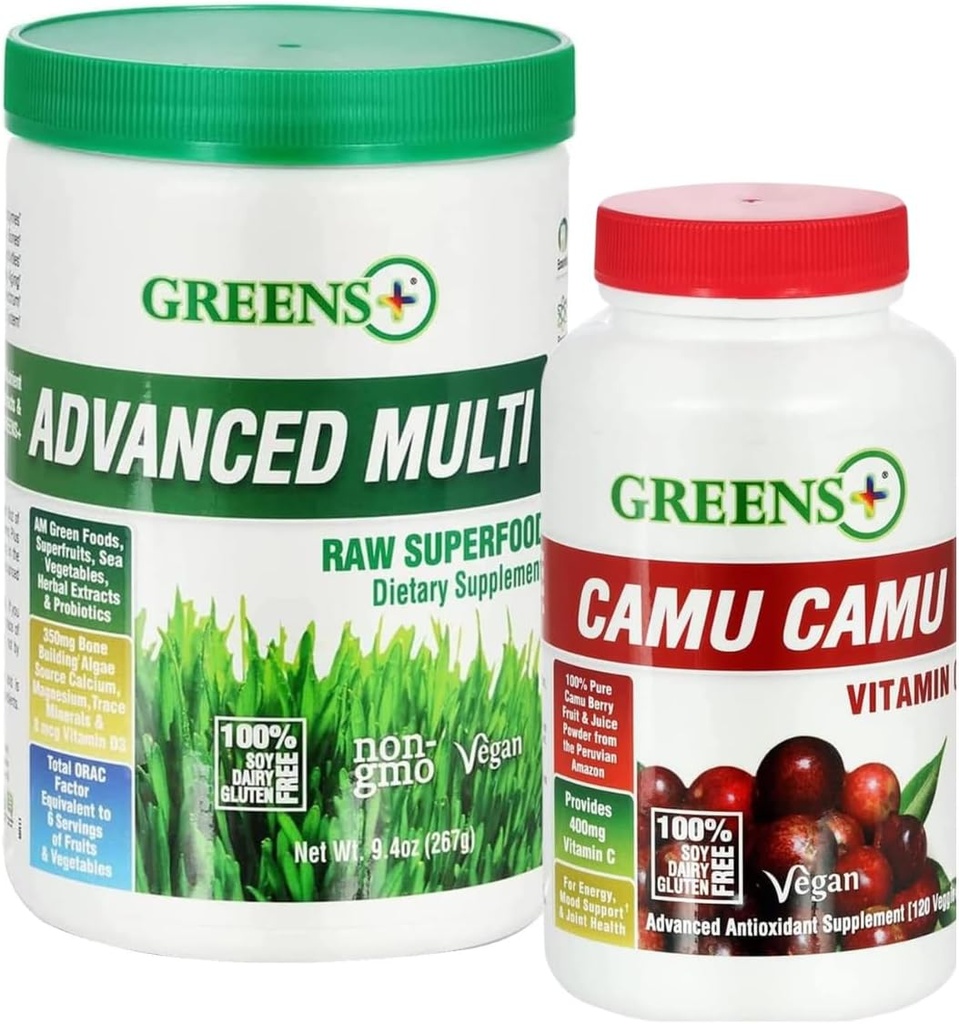 Greens+ Advanced Multi Raw Superfood Powder Healthy Organic Blend, Non-GMO, Soy/Dairy/Gluten Free Camu Camu Vitamin C Supplement Pure Berry SuperFruit 400mg Vitamin C, 120 Veggie Capsules 2