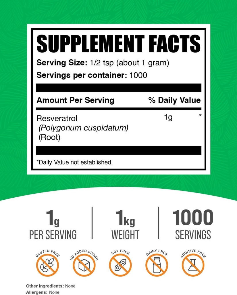 BulkSupplements.com Resveratrol Powder - Resveratrol Supplement, from Polygonum Cuspidatum - Antioxidant, Gluten Free, 1g per Serving, 1kg (2.2 lbs) (Pack of 1) 3