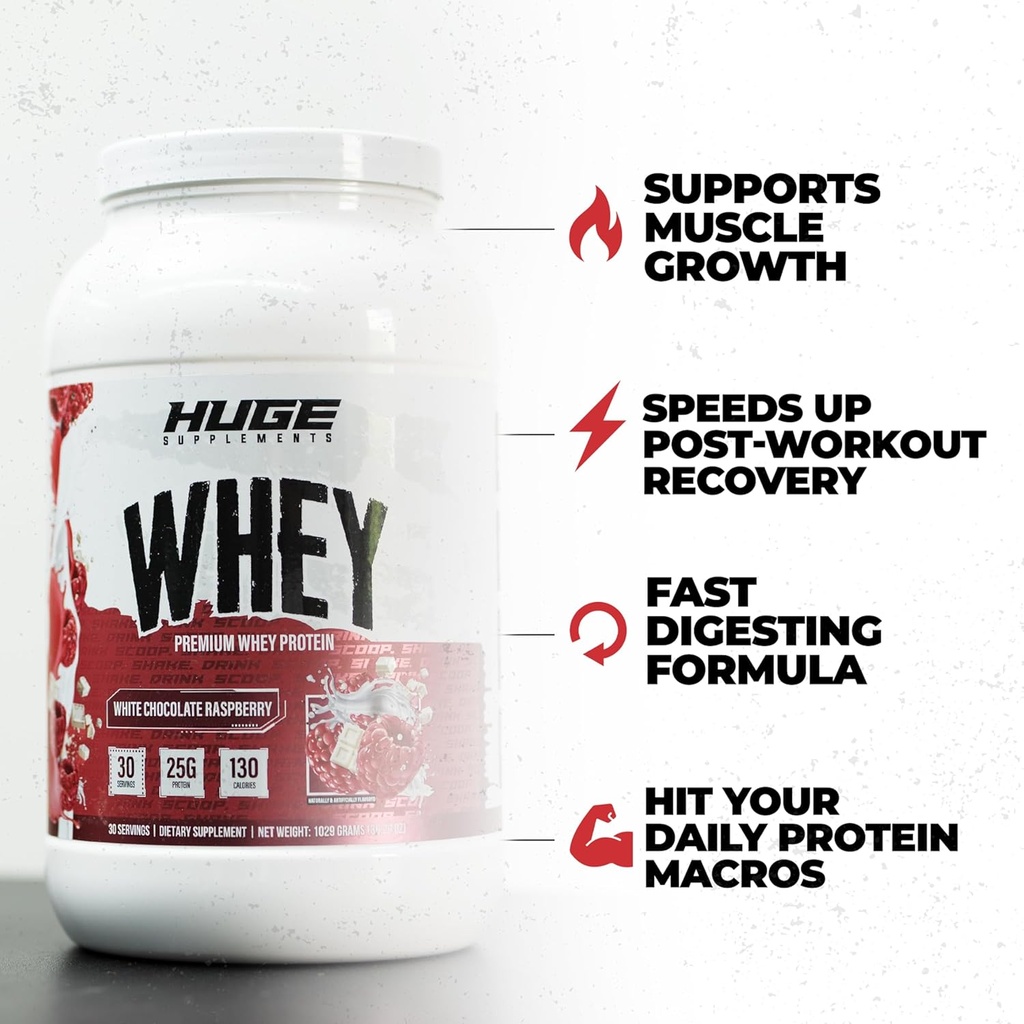 Huge Whey, Protein Powder for Muscle Gain, 25g Protein, 12g EAAs, Supports Muscle Growth, Performance & Recovery (White Chocolate Raspberry, 30 Servings) 3