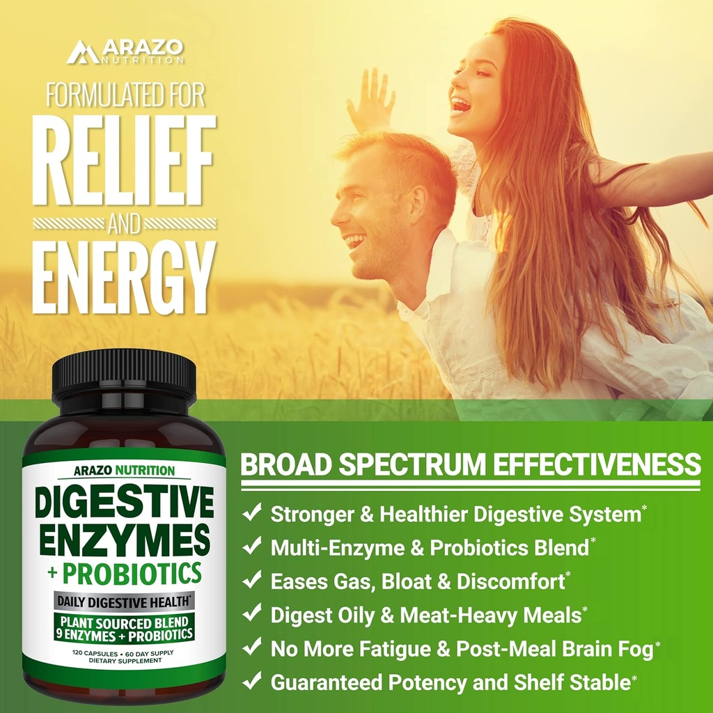 Digestive Enzymes with Probiotics - Multi Enzyme Nutritional Supplement - Acidophilus Bromelain Papaya Papain Lipase & Lactase - Improve Digestion - 120 Pills - Arazo Nutrition 5