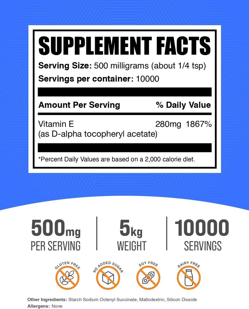BulkSupplements.com Vitamin E 400 IU Powder - as D-Alpha Tocopherol, Nutritional Supplements - Gluten Free, 500mg per Serving, 5kg (11 lbs) (Pack of 5) 3