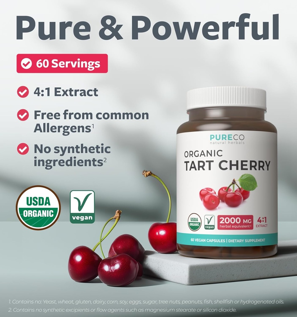 Organic Tart Cherry Capsules - High Strength 4:1 Tart Cherry Extract Capsules with 2000mg Herbal Equivalent per Serving for Uric Acid Support - Vegan Non-GMO & Made in the USA (2 Months Supply) 3