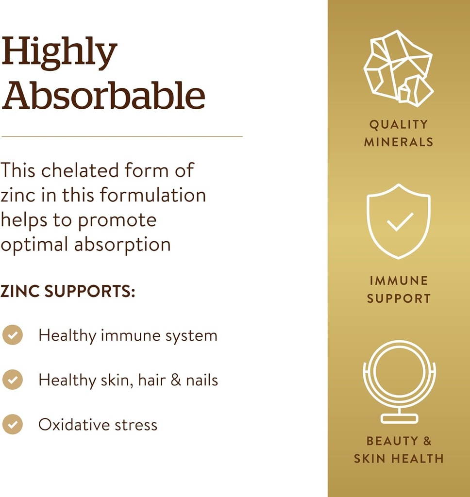 Solgar Chelated Zinc, 100 Tablets - Zinc for Healthy Skin - Supports Cell Growth & DNA Formation - Exerts Antioxidant Activity - Supports A Healthy Immune System - Non GMO, Gluten Free - 100 Servings 5