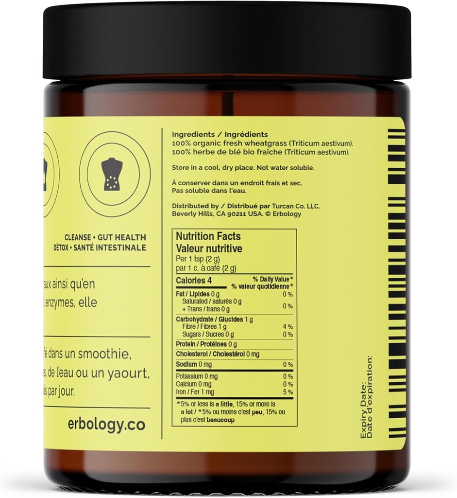 Erbology Organic Wheatgrass Powder 3.2 oz - 45 Servings - Body Cleansing and Gut Health Support - Rich in Chlorophyll and Iron - Sustainably Sourced in Europe - Small Batch - Vegan - GMO-Free 6