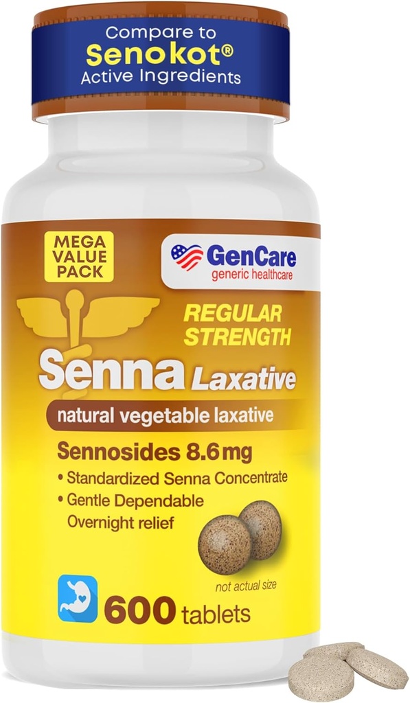 GenCare Senna Laxative 600 Tablets Senna 8.6mg Tablets with Natural Sennosides | Laxatives for Constipation, Bloating, Gas & Irregularity Relief. Safe & Effective | Generic for Senokot 2