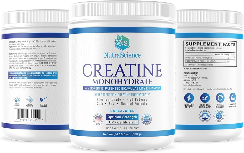 NutraScience Creatine Monohydrate Powder with BioPerine, Supports Lean Muscle Growth and Recovery, 60 Servings, 5000mg Per Serving, Unflavored, GMP sertified, Vegan Friendly, Non GMO 5