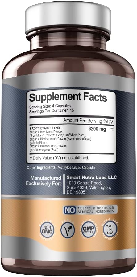 Smart Nutra Labs Organic Sea Moss 3200MG Per Serving- 180 Vegan Capsules- Irish Sea Moss, Bladderwrack and Burdock Root- Premium Quality Supplement for Immune Support and Overall Health 4