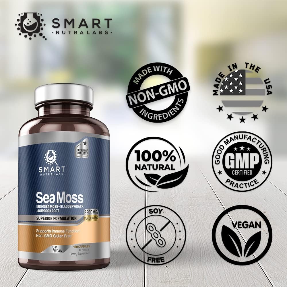 Smart Nutra Labs Organic Sea Moss 3200MG Per Serving- 180 Vegan Capsules- Irish Sea Moss, Bladderwrack and Burdock Root- Premium Quality Supplement for Immune Support and Overall Health 6
