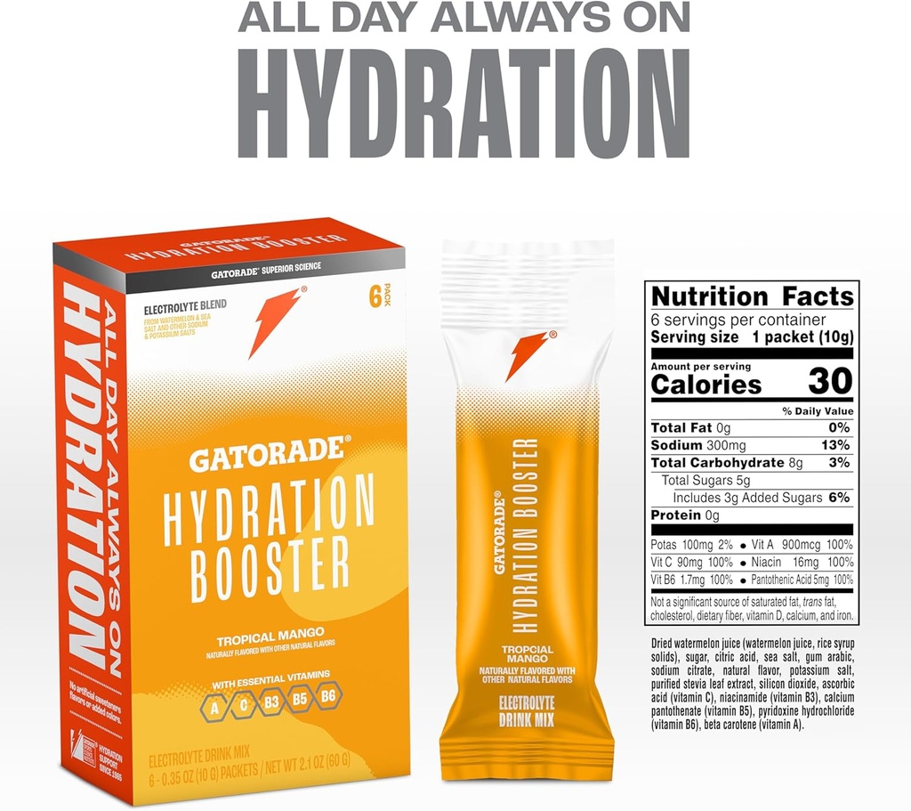 Gatorade Hydration Booster Electrolyte Drink Mix Powder Packets, Tropical Mango, Advanced Electrolyte Blend, No Added Colors, No Artificial Sweeteners, Essential Vitamins A, C, B3, B5, B6, Makes 20 Fl Oz, (6 Pack) 3