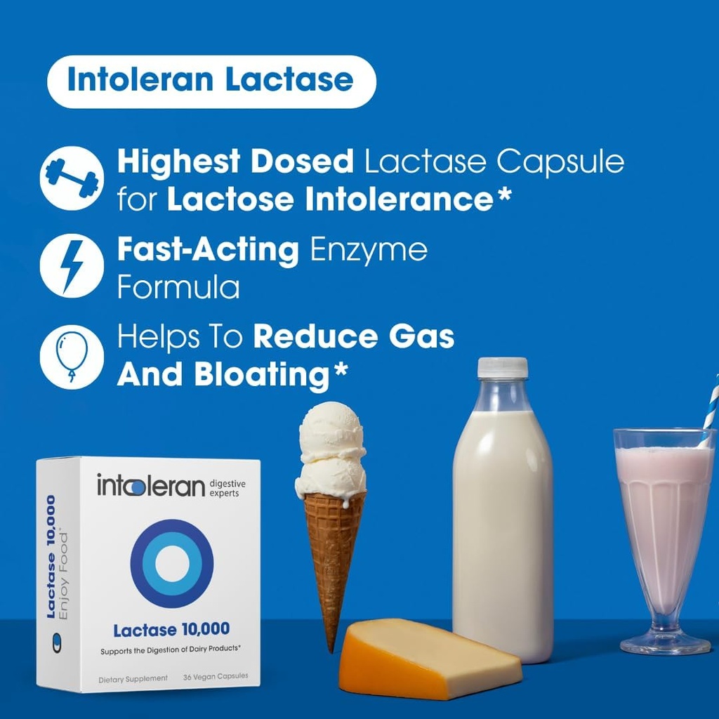 Intoleran Lactase 10,000 Digestive Enzymes - 36 Capsules | Supplement for Lactose Intolerance | Lactase Enzyme That Helps Digest Dairy & Lactose | High Dosed & Fast Acting | Pure & Vegan | Low FODMAP 4