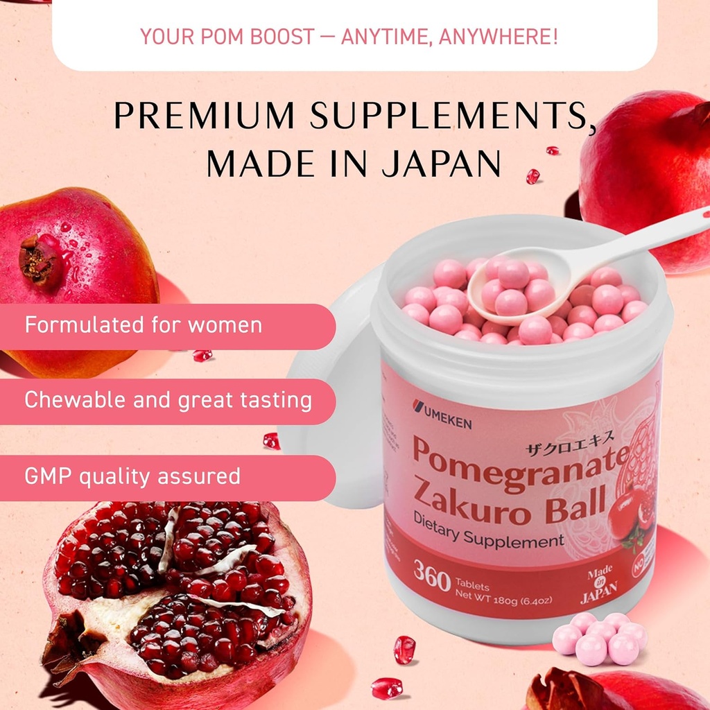 Umeken Pomegranate Balls, Chewable Supplement with Natural Vitamins, Minerals, Citric Acids & Tannins, Japanese Pomegranate Supplements for Women, 4 Month Supply, 360 Count Bottle, Pack of 2 5