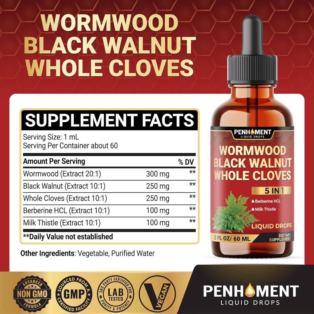 5in1 Wormwood Liquid Drops - Black Walnut Cloves Extract, Berberine, Milk Thistle - 2 Fl oz - 60 Days Supply 3