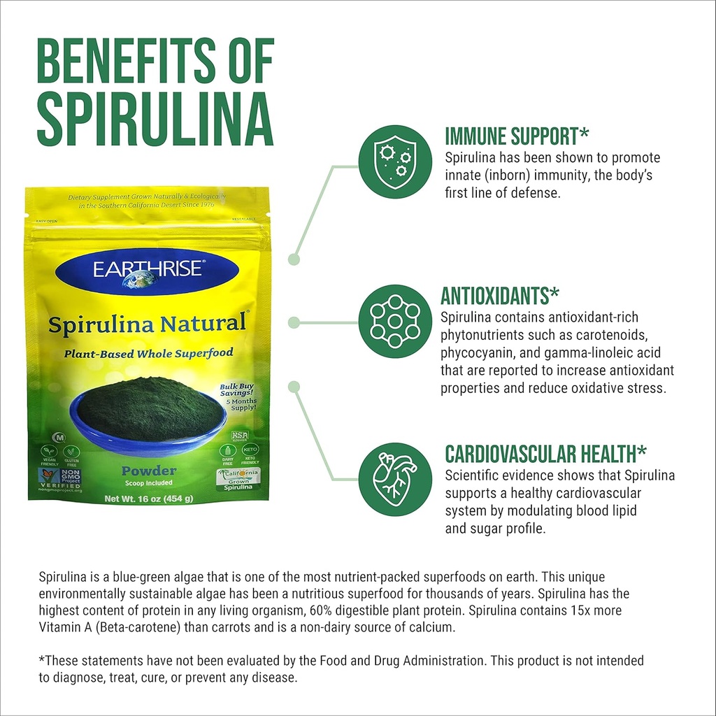 Earthrise Spirulina Natural Powder 16oz, Natural Premium Spirulina from California- Vegan, Gluten Free, Keto Friendly, Non -GMO Super Food high in Vitamins & Minerals. (1 LB) 4