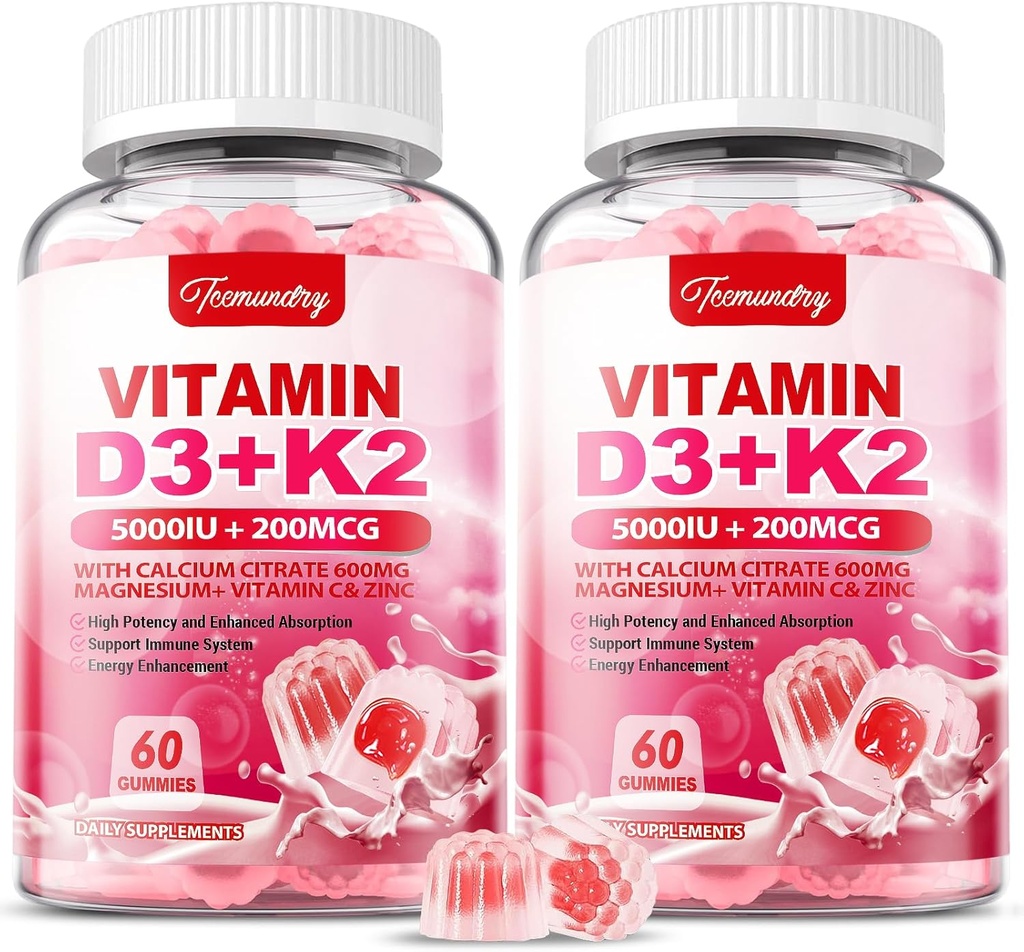 Vitamin D3 K2 Supplement for Adults - Vitamin D3 5000 IU + K2 200 mcg - Vit D3 K2 Gummies with Calcium 600mg Magnesium Zinc & Vitamin C for Women Men - Supports B0ne, Muscle Immune - 120 Count 2