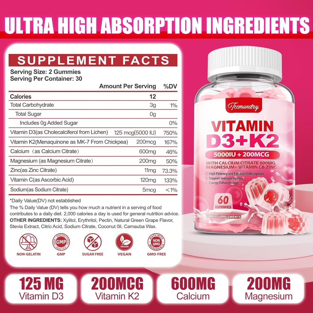 Vitamin D3 K2 Supplement for Adults - Vitamin D3 5000 IU + K2 200 mcg - Vit D3 K2 Gummies with Calcium 600mg Magnesium Zinc & Vitamin C for Women Men - Supports B0ne, Muscle Immune - 120 Count 3