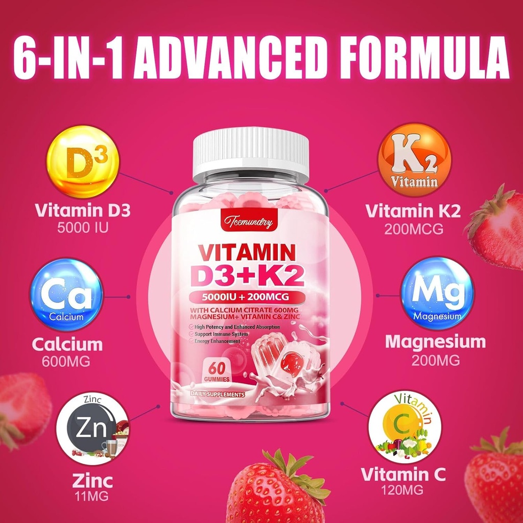 Vitamin D3 K2 Supplement for Adults - Vitamin D3 5000 IU + K2 200 mcg - Vit D3 K2 Gummies with Calcium 600mg Magnesium Zinc & Vitamin C for Women Men - Supports B0ne, Muscle Immune - 120 Count 4