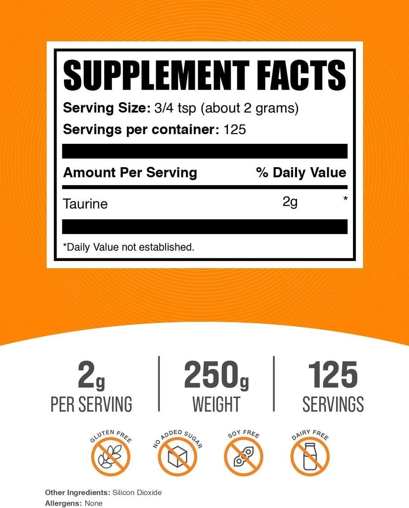 BulkSupplements.com Taurine Powder - Taurine Supplement, Amino Acid Supplement for Energy - Unflavored & Gluten Free, 2g per Serving, 250g (8.8 oz) (Pack of 1) 3