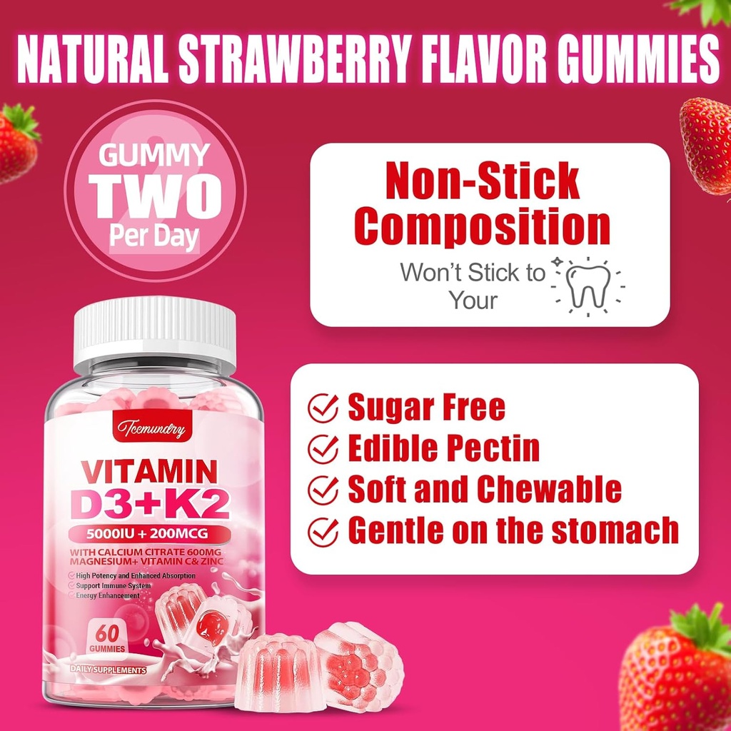 Vitamin D3 K2 Supplement for Adults - Vitamin D3 5000 IU + K2 200 mcg - Vit D3 K2 Gummies with Calcium 600mg Magnesium Zinc & Vitamin C for Women Men - Supports B0ne, Muscle Immune - 120 Count 5