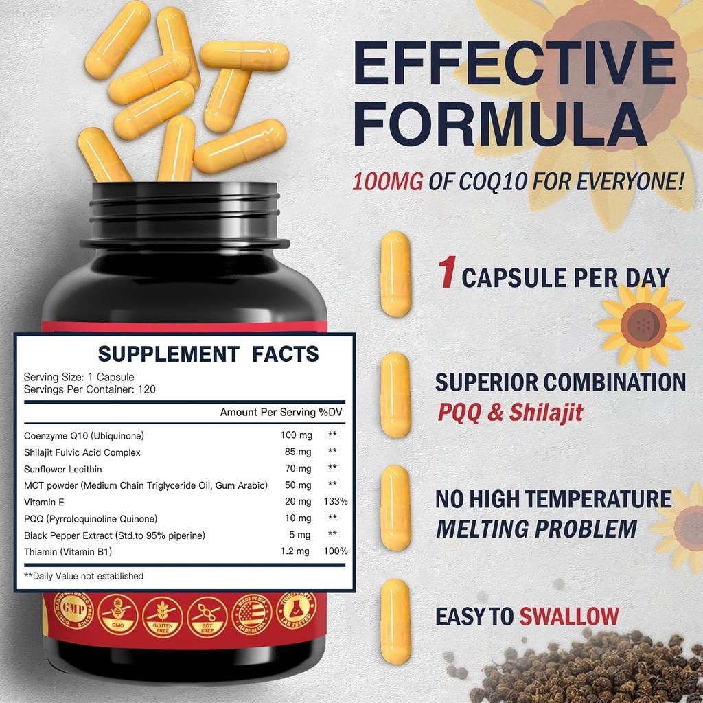 CoQ10 100mg with PQQ & Shilajit - High Absorption Coenzyme Q10 Supplement Enhances Mitochondrial, Powerful Antioxidant for Heart Health & Energy-Production, 120 Veggie Capsules 3