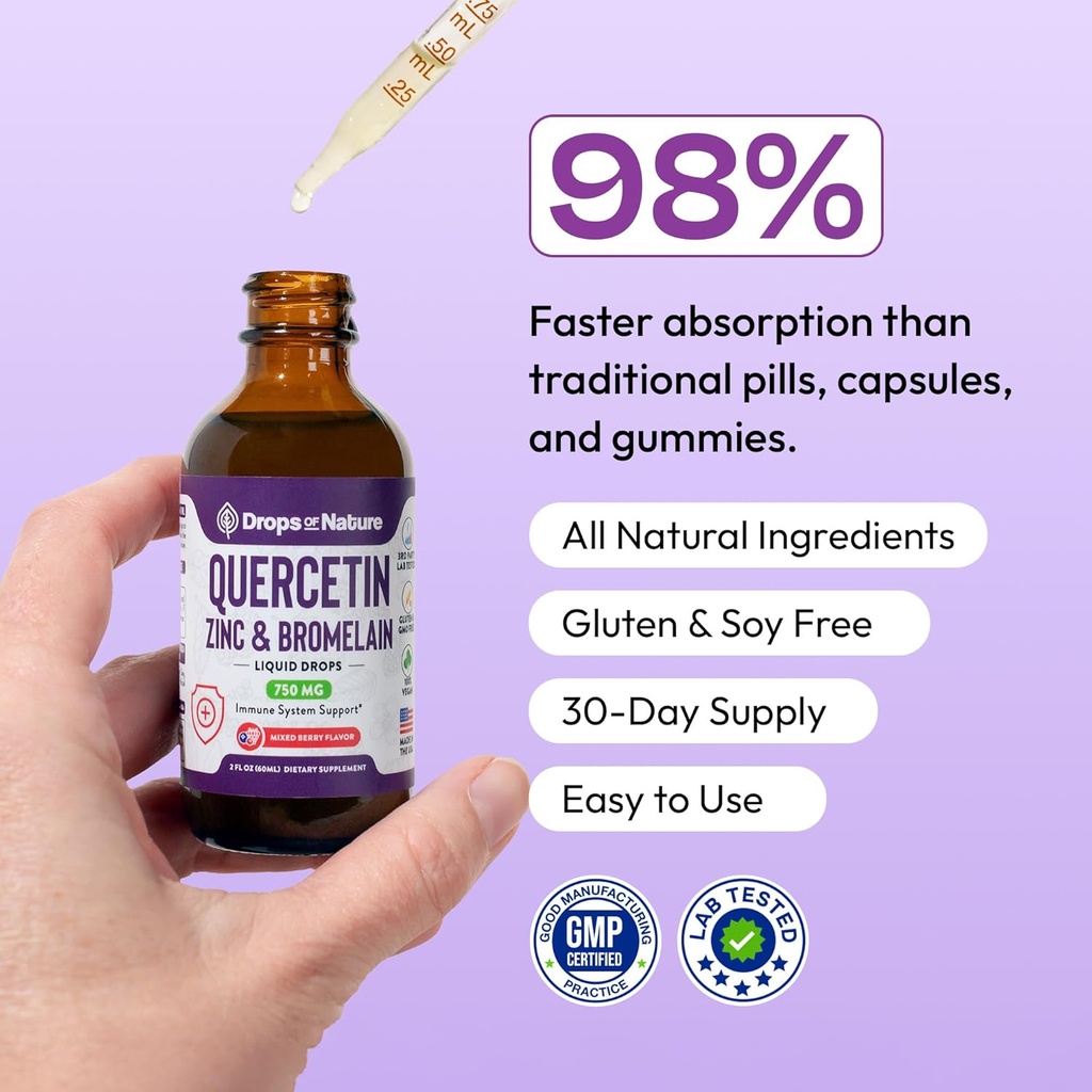 Quercetin with Bromelain & Zinc (5mg) Liquid Drops – Immune Support for Adults & Kids – Ultra-Concentrated Bioflavonoids – Immune Defense – Cellular Health – Vegan, Non-GMO, Gluten Free – 2 Fl Oz 4