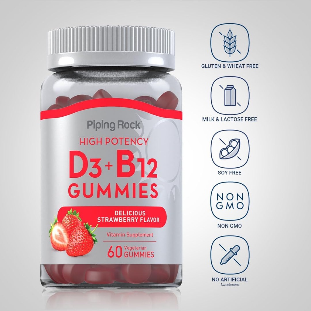 Piping Rock Vitamin D3 and B12 Gummies | 60 Count | Supplement for Women and Men | High Potency | Strawberry Flavor | Vegetarian, Non-GMO, Gluten Free 4