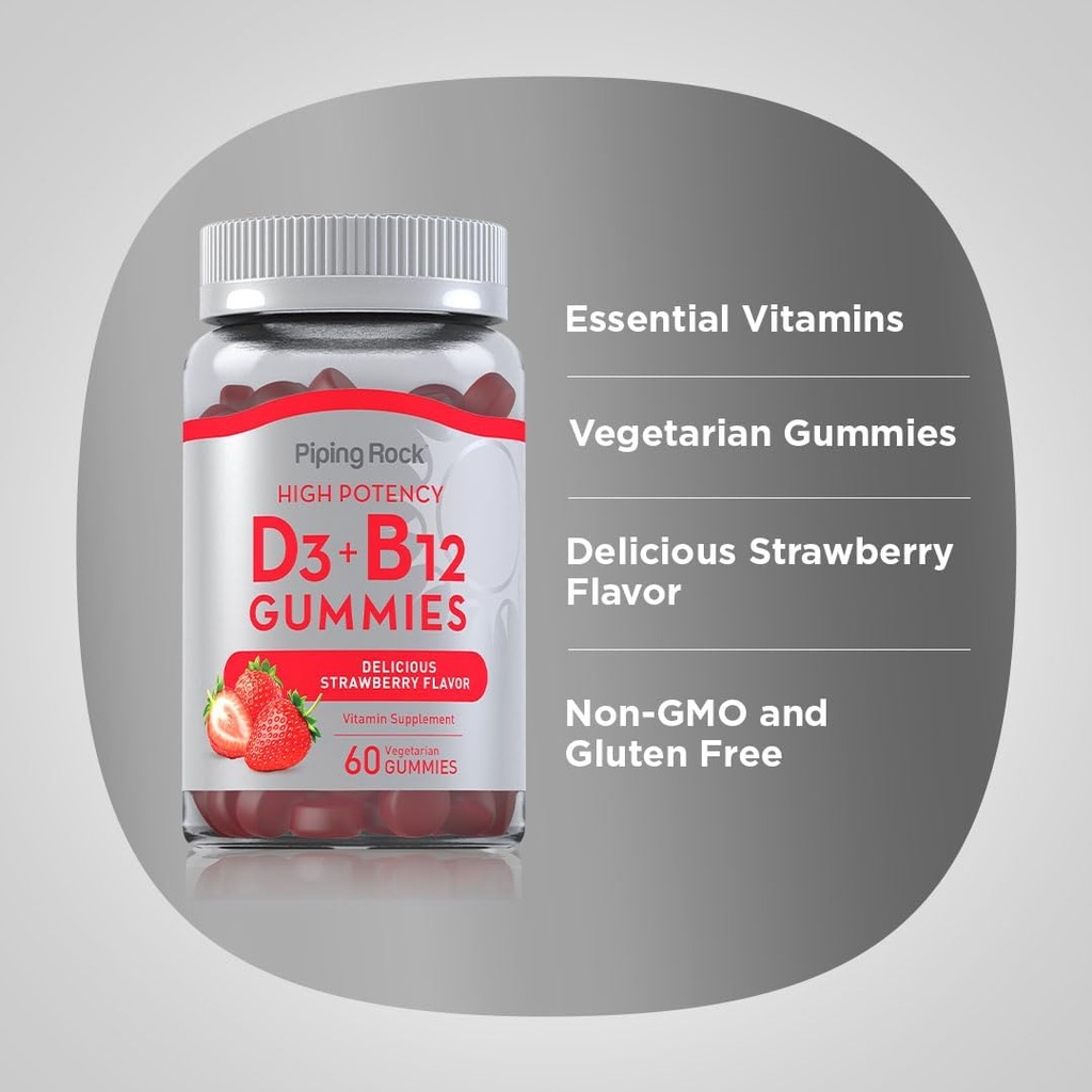 Piping Rock Vitamin D3 and B12 Gummies | 60 Count | Supplement for Women and Men | High Potency | Strawberry Flavor | Vegetarian, Non-GMO, Gluten Free 5