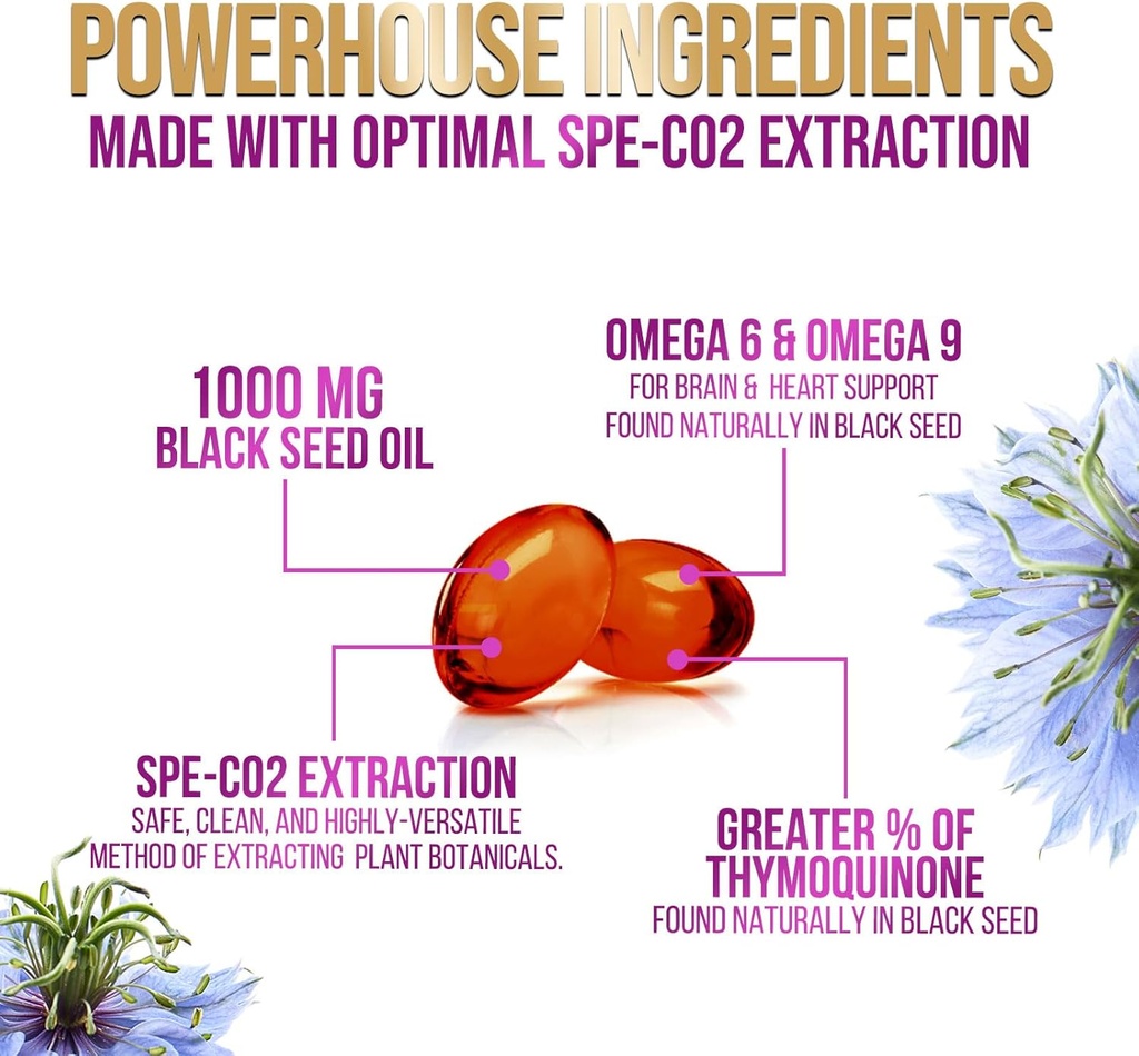 Black Seed Oil 1000mg - Premium Extra Strength Nigella Sativa Blackseed Oil - Black Seed Oil Skin, Digestive Health & Immune Support - Non-GMO Antioxidant, Gluten Free Supplement - 120 Softgels 6