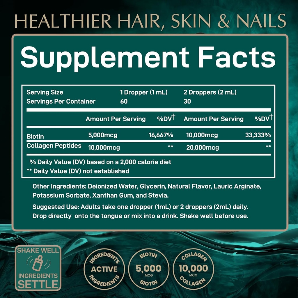 Liquid Collagen Peptides with Biotin Drops - 30,000mcg Collagen Liquid for Women and Men plus Biotin - Youthful Skin, Hair Growth, Strong Nails - Hair Vitamins for Hair Loss - Lemon Flavor - 2x2oz 5