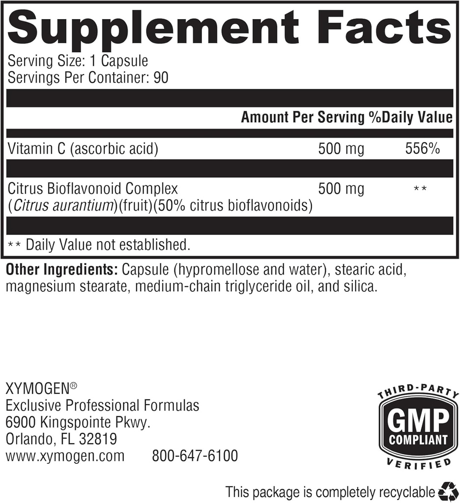 XYMOGEN Bio C 1:1 - High Potency Vitamin C Supplement with Citrus Bioflavonoids - Antioxidant + Immune Support, Promotes Collagen Synthesis (90 Vitamin C Capsules) 3