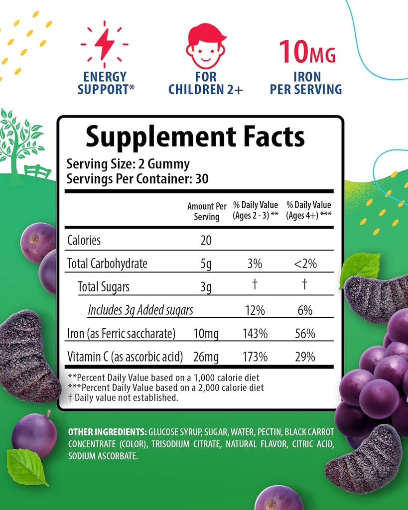 SUNNY SAM Iron Gummies for Kids & Teens - 10mg Vitamins with Vitamin C - Low-Sugar Chewable Iron Gummy Supplement for Immune Support, Supports Red Blood Cell Production for Children & Teen Girls 3