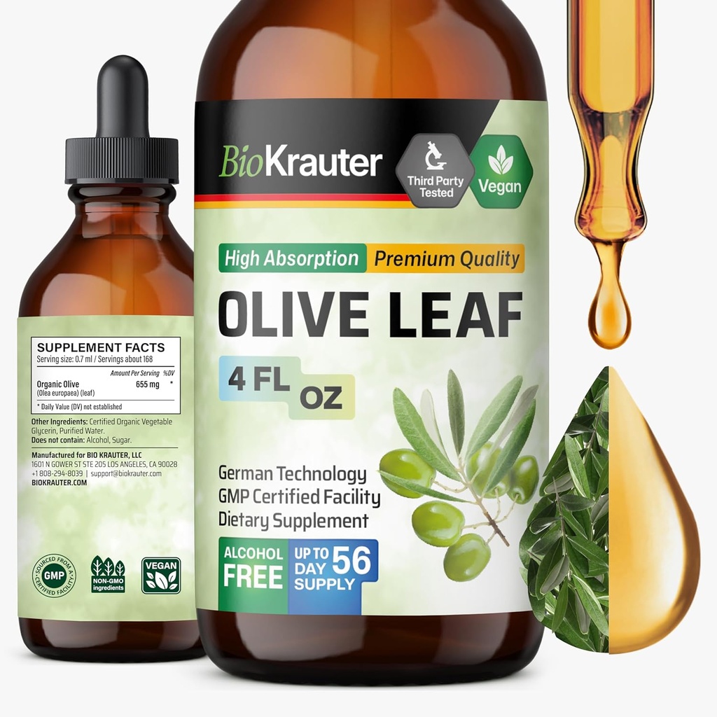 BIO KRAUTER Olive Leaf Extract Liquid - Olive Leaf Tincture for Immune Support - Alcohol and Sugar Free - Vegan Drops 4 Fl.Oz. 2