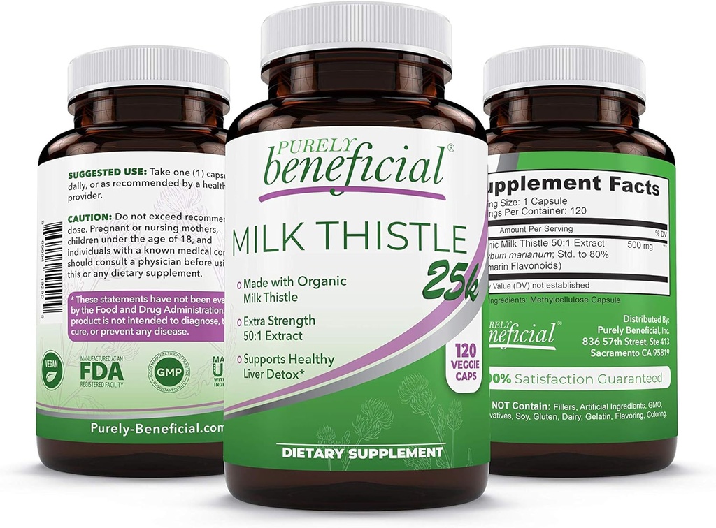 PURELY beneficial Organic Milk Thistle Capsules, 50:1 Milk Thistle Extract, Silybum Marianum 25000 mg Strength, Liver Cleanse & Antioxidant Support, 120 Veg Capsules, Vegan & Non-GMO 2