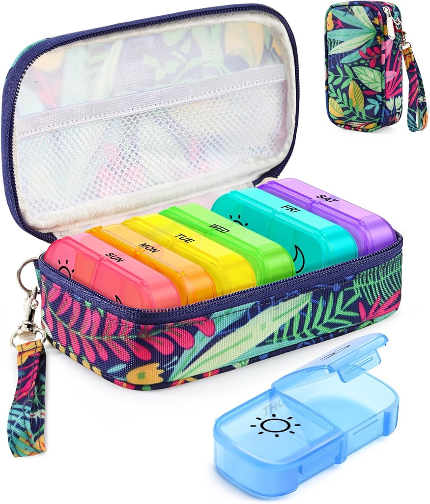 Weekly Pill Organizer 7 Day 2 Times a Day with Maple-Leaf Printed Bag, AMOOS AM PM Pill Holder with Lightproof Canvas Bag, BPA-Free Large Pill Box Case for Vitamin, Supplement, Medication, Fish Oil 2