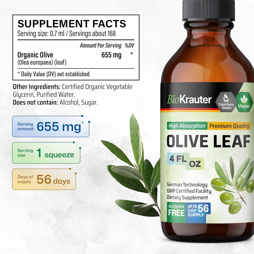 BIO KRAUTER Olive Leaf Extract Liquid - Olive Leaf Tincture for Immune Support - Alcohol and Sugar Free - Vegan Drops 4 Fl.Oz. 4
