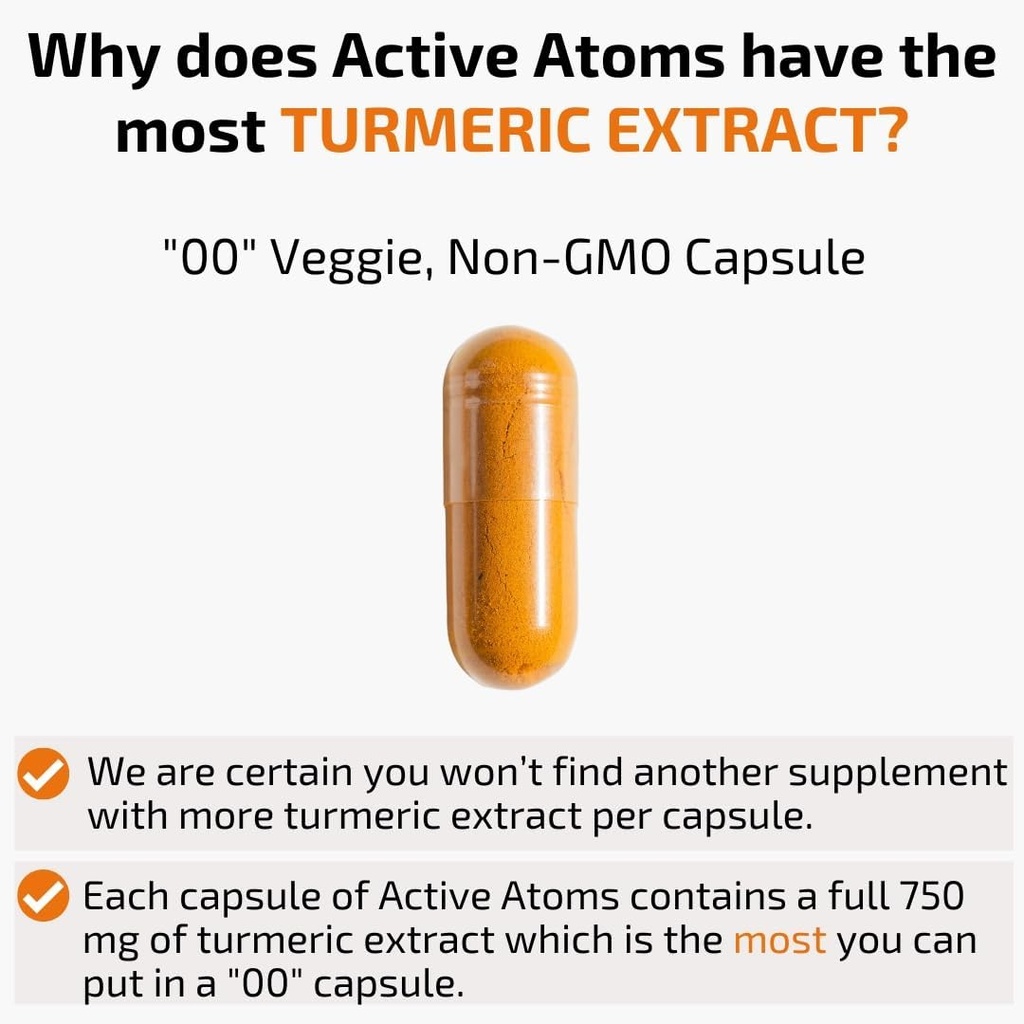 Active Atoms Turmeric Extract, Extra Strength with BioPerine® Black Pepper 750 mg Turmeric Extract per One 00" Capsule, Standardized 95% Curcuminoids, Non-GMO, 60 Veggie Capsules 60 Day Supply 3