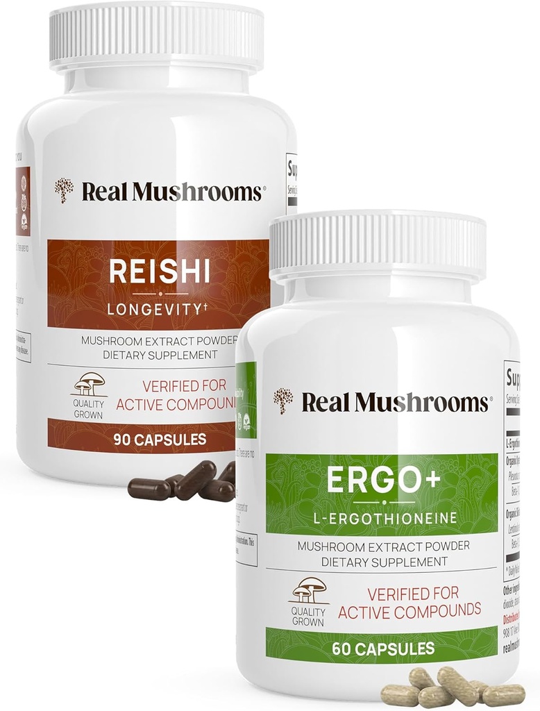 Real Mushrooms Ergothioneine (60ct) and Reishi 415 (90ct) Bundle with Shiitake and Oyster Mushroom Extracts - Longevity and Relaxation -Vegan, Gluten Free, Non-GMO - Natural Support for Healthy Aging 2