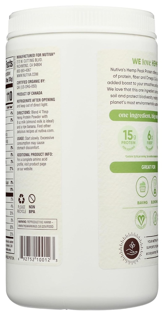 Nutiva Organic Cold-Pressed Raw Hemp Seed Protein Powder, Peak Protein, 16 Oz, USDA Organic, Non-GMO, Whole 30 Approved, Vegan, Gluten-Free & Keto, Plant Protein with Essential Amino Acids 3