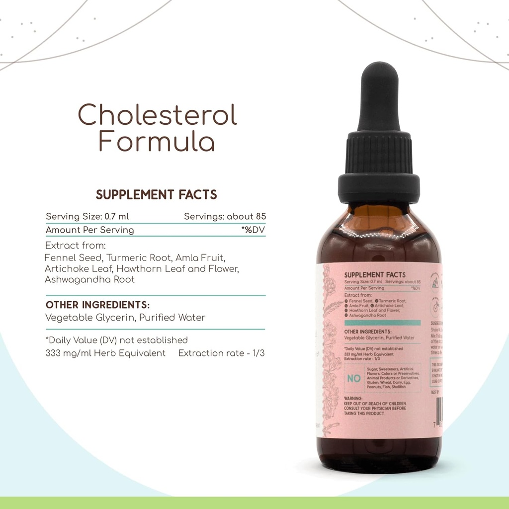 HerbEra Cholesterol Formula B60 Alcohol-Free Extract Tincture: Artichoke Leaf, Hawthorn Leaf and Flower, Fennel Seed, Turmeric Root, Ashwagandha Root, Amla Berry. Cholesterol Care Blend 2 Fl Oz 4