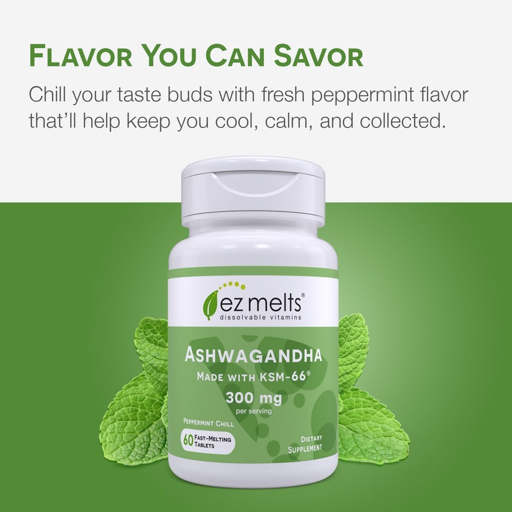 EZ Melts Dissolvable KSM-66 Ashwagandha, 300 mg, Sugar-Free, Stress, Sleep and Mood Support Supplement, 30-Day Supply, Peppermint Chill-Flavor - 1 Pack 6