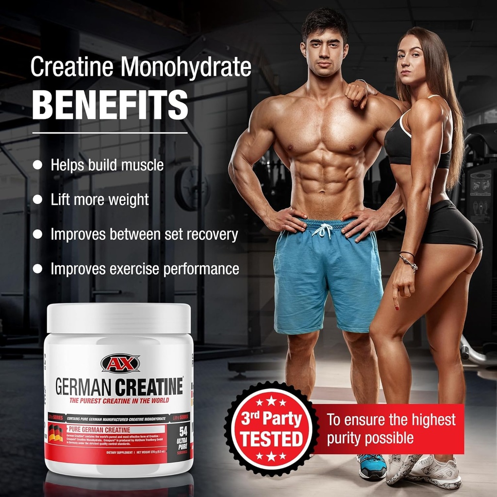 German Creatine - Micronized Creatine Monohydrate Powder, 99.99% Pure Creapure for Muscle Growth, Strength & Performance, Supports Muscle Recovery, 3rd Party Tested, Unflavored - 270g (54 Servings) 2