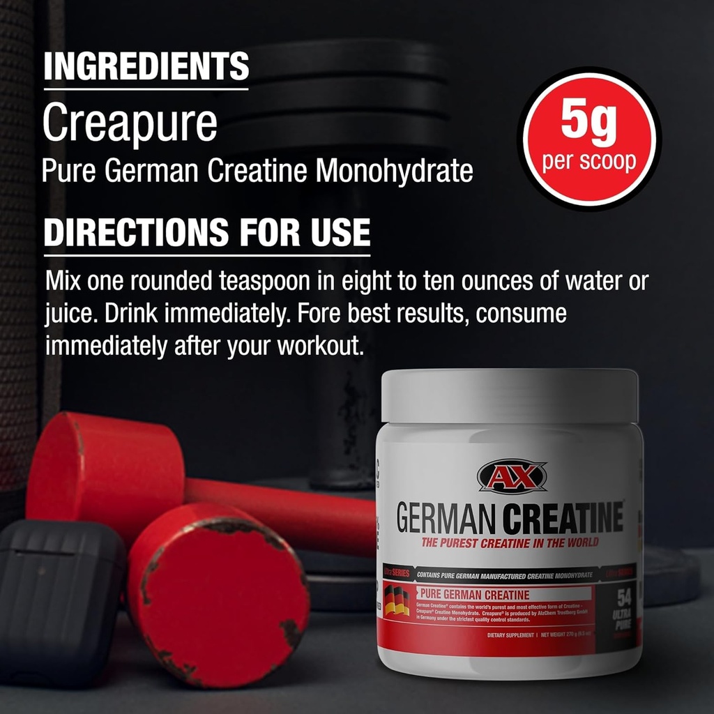 German Creatine - Micronized Creatine Monohydrate Powder, 99.99% Pure Creapure for Muscle Growth, Strength & Performance, Supports Muscle Recovery, 3rd Party Tested, Unflavored - 270g (54 Servings) 3