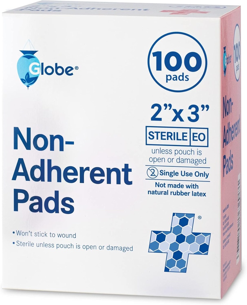 Globe Sterile Non-Adherent Pads, (100-Pack), 2” x 3” Non-Adhesive Wound Dressing. Highly Absorbent & Non-Stick, Painless Removal-Switch. Individually Wrapped for Extra Protection (2 x 3) 2