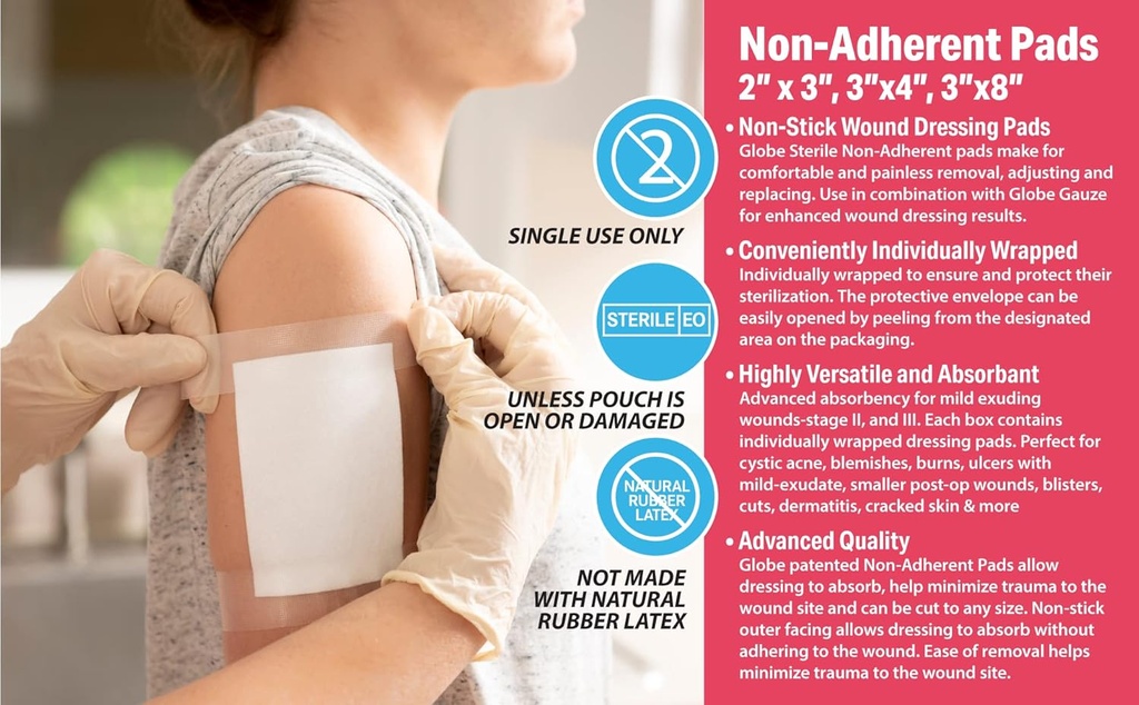 Globe Sterile Non-Adherent Pads, (100-Pack), 2” x 3” Non-Adhesive Wound Dressing. Highly Absorbent & Non-Stick, Painless Removal-Switch. Individually Wrapped for Extra Protection (2 x 3) 3