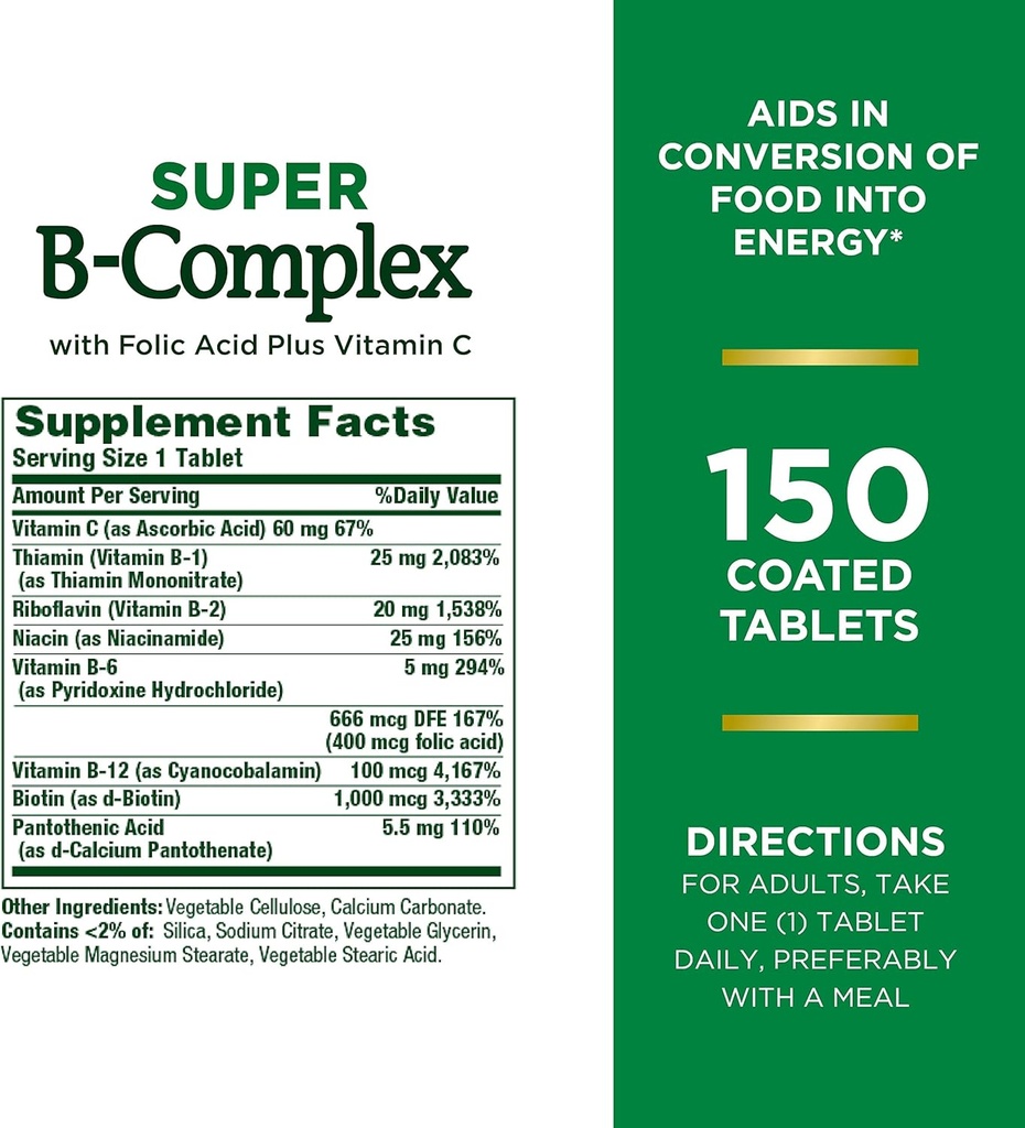 Nature's Bounty, Super B Complex with Vitamin C & Folic Acid - Immune&Energy Support - 150 Tablets,. 3