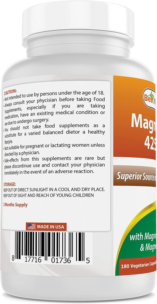 Best Naturals Magnesium 425 mg 180 Veggie Capsules - High Absorption Magnesium Glycinate & Magnesium Oxide Chelated, Non-GMO, Gluten Free Muscle Relax (180 Count (Pack of 2)) 4