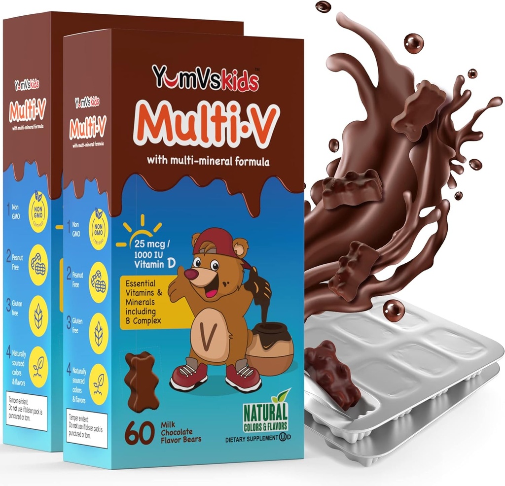 YUM-V'S - Kids Multivitamin Chewable Chocolate Bears - Multivitamin for Kids Supplement - 16 Vitamins & Minerals - Vitamins Including D, Zinc, C, B Complex & More, 60 Count (Pack of 2) 2