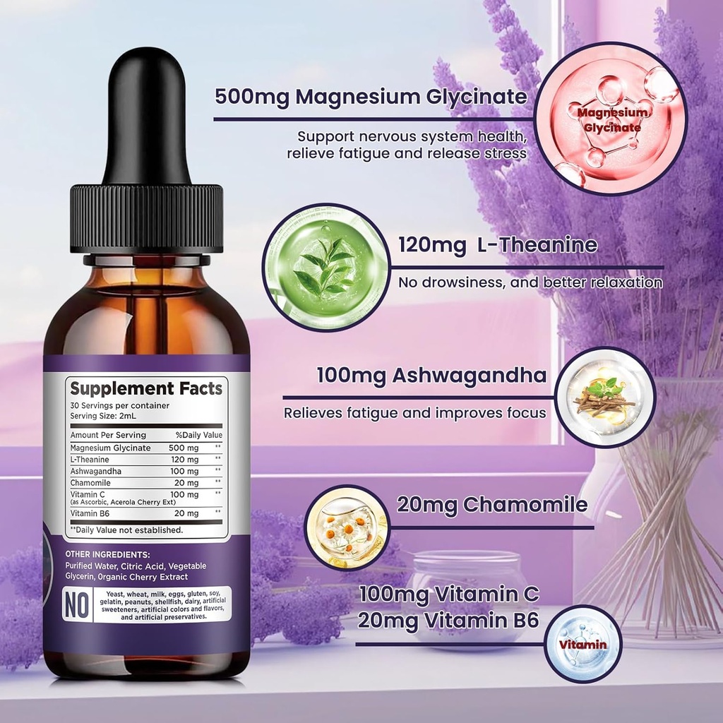 (2 Pack) Magnesium Glycinate Liquid Drops 500mg, with Vitamin B6, Ashwagandha, L - Theanine, Chamomile, Magnesium Glycinate Supplement High Absorption for Sleep, Stress, Energy Mood - Cherry Flavor 5