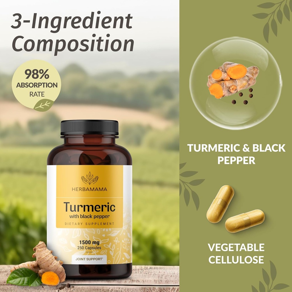 HERBAMAMA Curcumin Turmeric Capsules - 1500mg Curcuma Longa and Black Pepper Extract for Uric Acid & Digestive Support - Vegan, Non-GMO Turmeric Antioxidant Supplement, 250 Caps 5