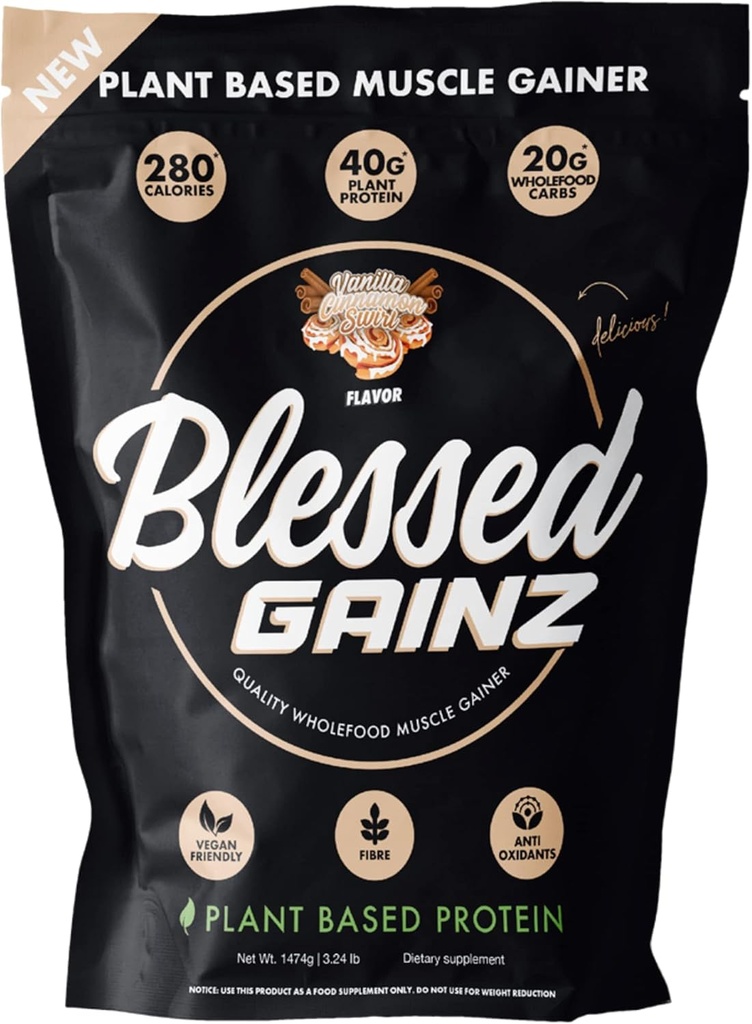 BLESSED Gainz Vegan Protein Powder Mass Gainer - 40g Plant Based Protein Powder - Meal Replacement Shake with Pea Protein Powder - Vegan Protein Shake - 40 Servings (Vanilla Cinnamon Swirl) 2